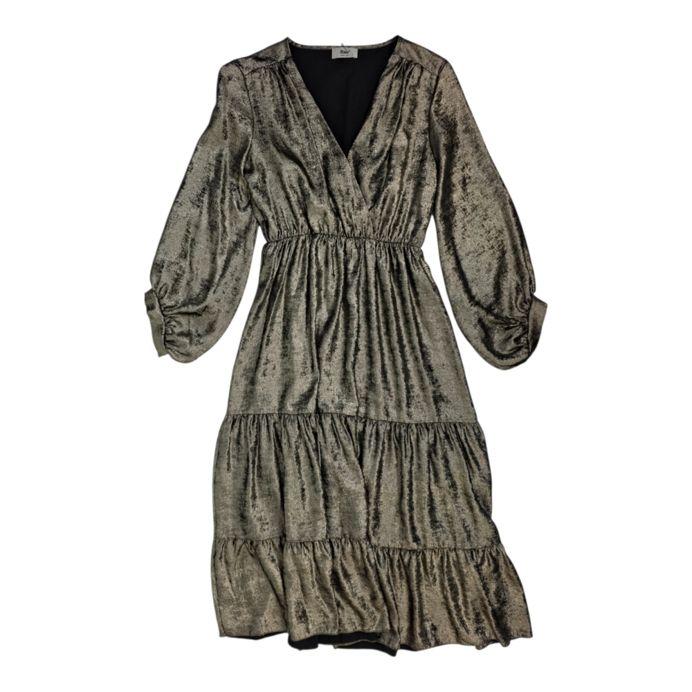 B.yu Metallic Tiered Midi Dress Gold Black V Neck Long Sleeve Italy Size S